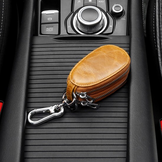 Foreign Trade Hot Sale Retro Oilskin Double Zipper Key Bag Oval Car Key Protective Cover Leather Key Bag