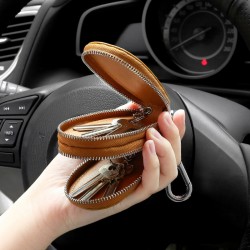 Foreign Trade Hot Sale Retro Oilskin Double Zipper Key Bag Oval Car Key Protective Cover Leather Key Bag