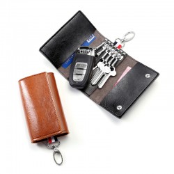 Simple Home Key Bag Multi-functional Waist Hanging Three-fold Key Bag Retro Oil Wax Bright Leather Car Key Bag Leather Case