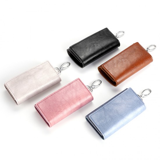 Simple Home Key Bag Multi-functional Waist Hanging Three-fold Key Bag Retro Oil Wax Bright Leather Car Key Bag Leather Case