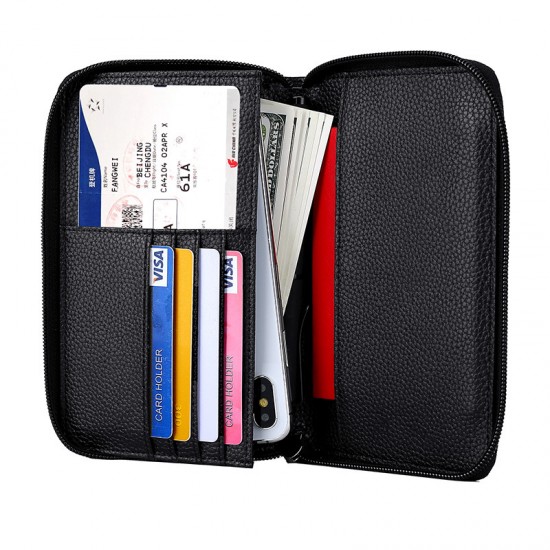2019 New Genuine Leather Boarding Bag Long Multi-functional Mobile Phone Pocket Litchi Pattern Zipper Airline Ticket Clutch