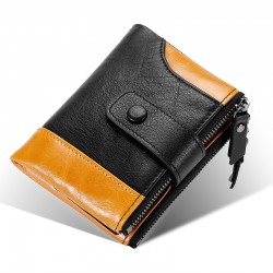 Men's Short Double Zipper Wallet Leather European And American Cross-border Leisure Wallet Stitching First Layer Leather Wallet Direct Sales