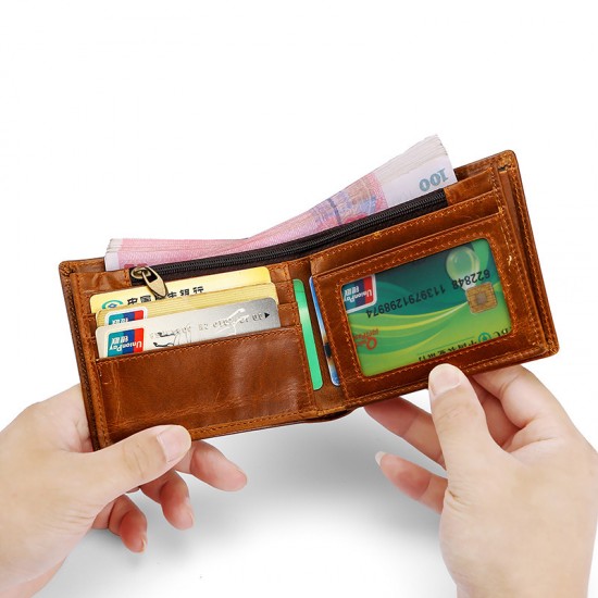 Cross-border Leather Wallet Retro Oil Wax Leather Men's Short Money Clip Coin Purse Rfid Anti-theft Card Position Coin Purse