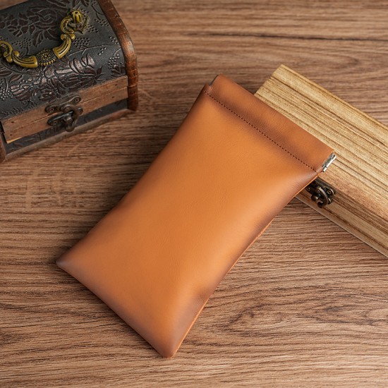 First Layer Cowhide Glasses Bag Automatic Closure Shrapnel Leather Sunglasses Sunglasses Reading Glasses Storage Bag Cowhide Case