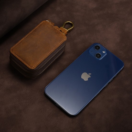 Car Key Case Multifunctional Double Zipper Car Key Case Head Layer Cowhide Universal Key Leather Case Retro Waist Hanging