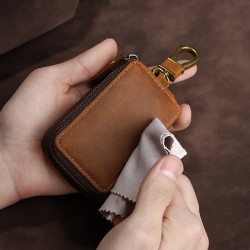 Car Key Case Multifunctional Double Zipper Car Key Case Head Layer Cowhide Universal Key Leather Case Retro Waist Hanging