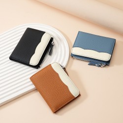 New Leather Women's Wallet Fashion Contrast Color First Layer Cowhide Zipper Coin Purse Rfid Anti-magnetic Anti-theft Brush Wallet
