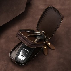 Car Key Case Multifunctional Double Zipper Car Key Case Head Layer Cowhide Universal Key Leather Case Retro Waist Hanging