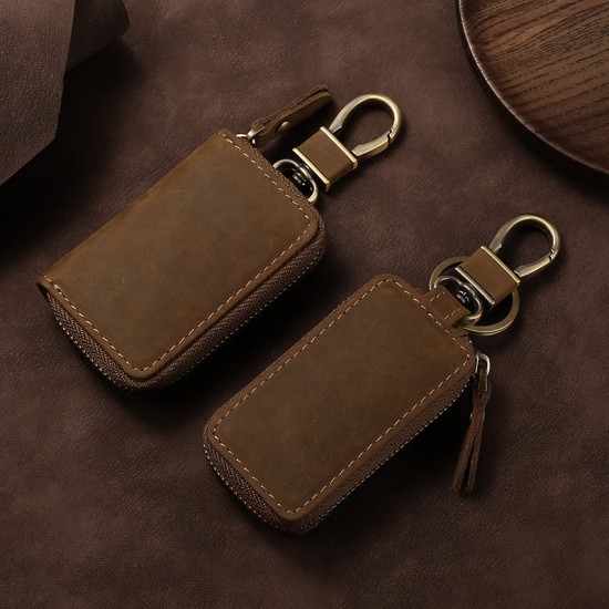 Multi-functional Single Zipper Car Key Case Head Layer Cowhide Key Leather Case Retro Universal Waist Hanging Car Key Case