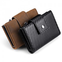 Cross-border Retro Crazy Horse Leather Automatic Card Holder Men's Carbon Fiber Pattern Leather Pop-up Card Holder Airtag Snap Wallet