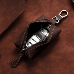 Genuine Leather Universal Car Key Bag Retro Crazy Horse Leather Men's Waist Hanging Bag Large Capacity Business Zipper Small Bag Cowhide