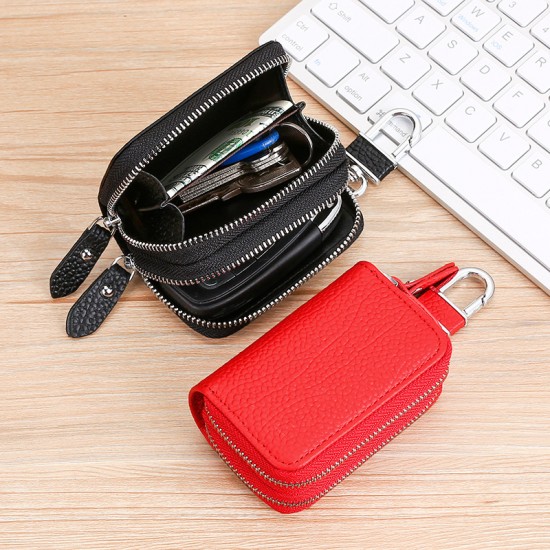High-quality Cow Neck Print Leather Car Keychain Bag Cowhide Zipper Key Bag Multi-functional Change Car Key Case