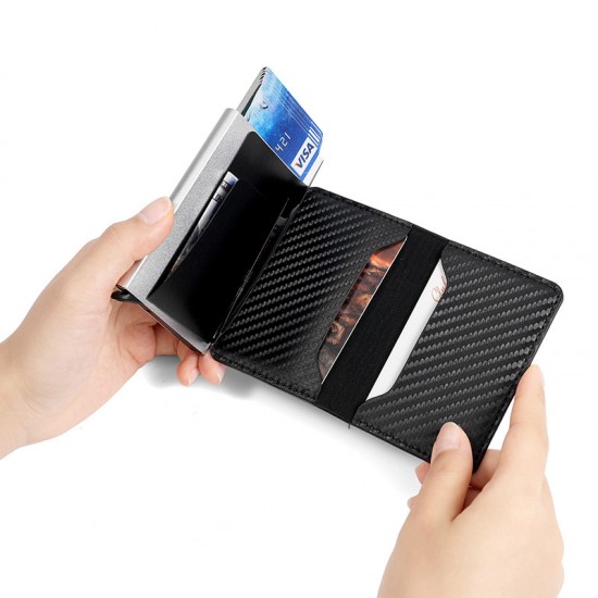 Cross-border Hot Men's Wallet Aluminum Alloy Anti-magnetic Card Case Carbon Fiber Pattern Three-fold Automatic Elastic Card Credit Card Bag