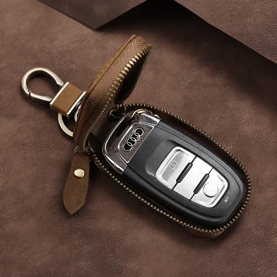 Multi-functional Single Zipper Car Key Case Head Layer Cowhide Key Leather Case Retro Universal Waist Hanging Car Key Case