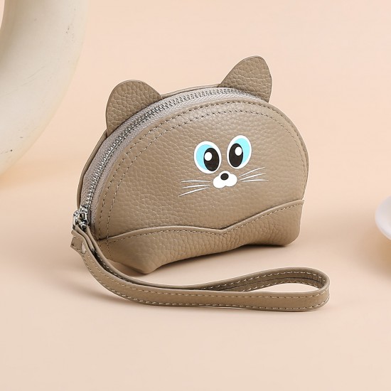 Creative New First Layer Leather Ladies Wallet Multifunctional Change Key Bag Cat Head Hand Bag Live Supply