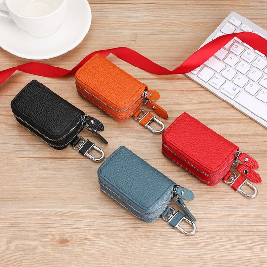 High-quality Cow Neck Print Leather Car Keychain Bag Cowhide Zipper Key Bag Multi-functional Change Car Key Case