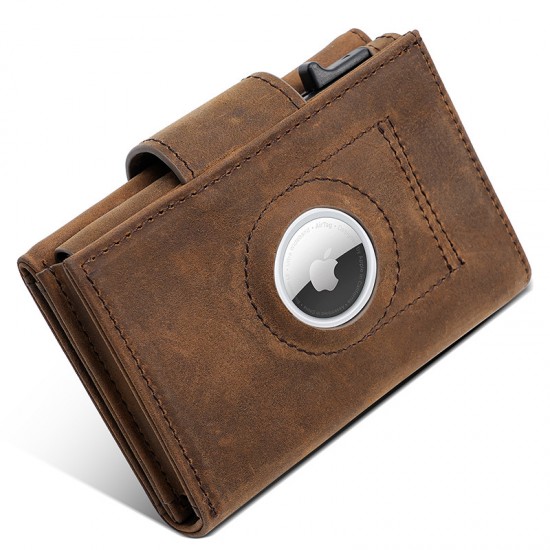 Cross-border Retro Crazy Horse Leather Automatic Card Holder Men's Carbon Fiber Pattern Leather Pop-up Card Holder Airtag Snap Wallet