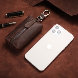 Genuine Leather Universal Car Key Bag Retro Crazy Horse Leather Men's Waist Hanging Bag Large Capacity Business Zipper Small Bag Cowhide