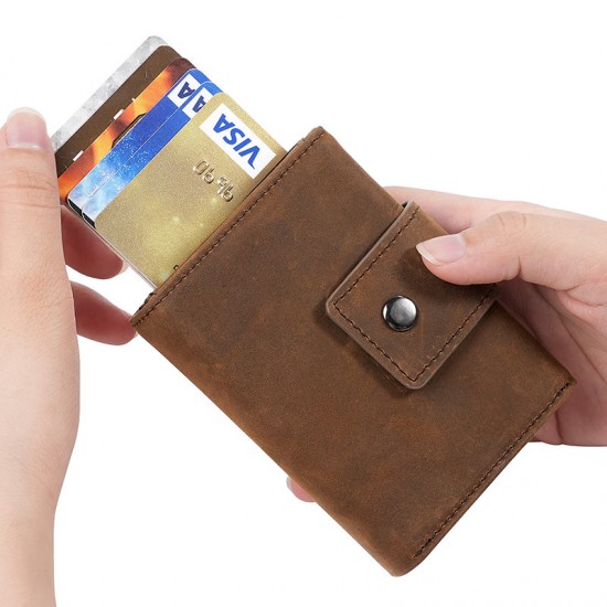Cross-border Retro Crazy Horse Leather Automatic Card Holder Men's Carbon Fiber Pattern Leather Pop-up Card Holder Airtag Snap Wallet