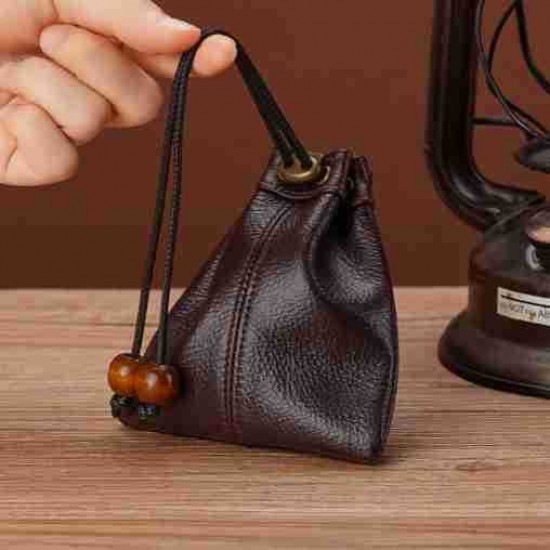 Advanced Sense Pocket Top Layer Cowhide Lucky Bag Drawstring Coin Purse Gold And Silver Jewelry Bag Headphones Lipstick Storage