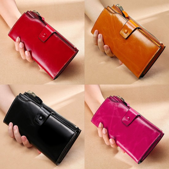 Cross-border Selling Leather Wallet Ladies Long Wallet Rfid Anti-theft Brush Oil Wax Leather Multi-function Wallet Clutch