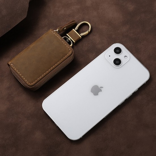Multi-functional Single Zipper Car Key Case Head Layer Cowhide Key Leather Case Retro Universal Waist Hanging Car Key Case